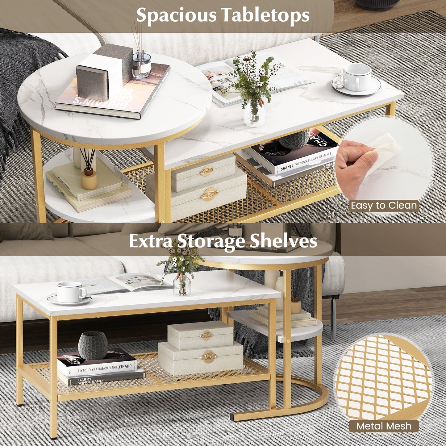 Set of 2 Nesting Coffee Table with Extra Storage Shelf for Living Room-Golden (Assembled)