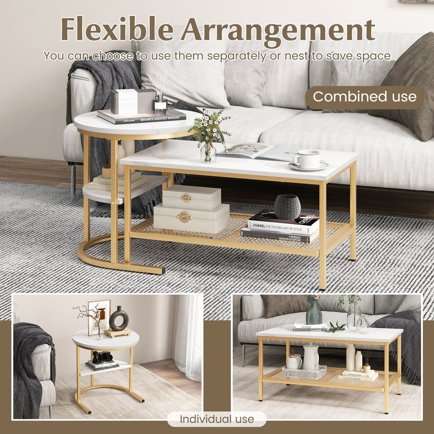 Set of 2 Nesting Coffee Table with Extra Storage Shelf for Living Room-Golden (Assembled)