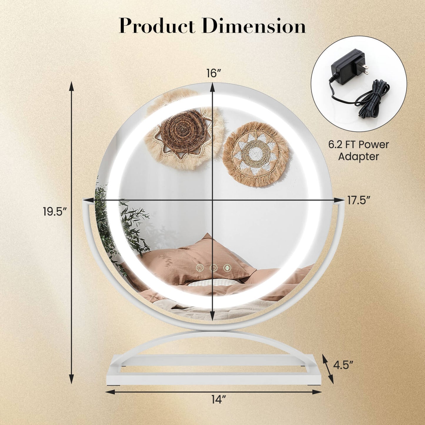 16 Inch Round Makeup Vanity Mirror with 3 Color Dimmable LED Lighting-White (Scratch and Dent)