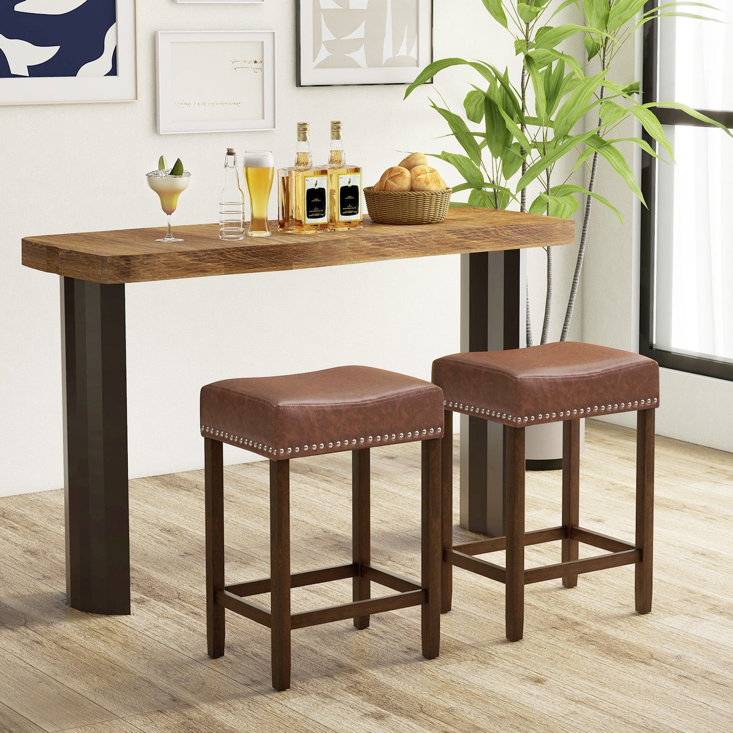 2 PIECE SET, 24 Inch Upholstered PU Leather Bar Stools Set of 2-Brown