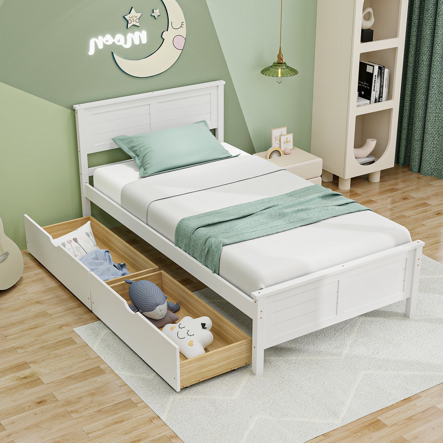 SPECIAL - Twin Size Bed Frame with Storage Drawers-White (1 Box, unassembled)