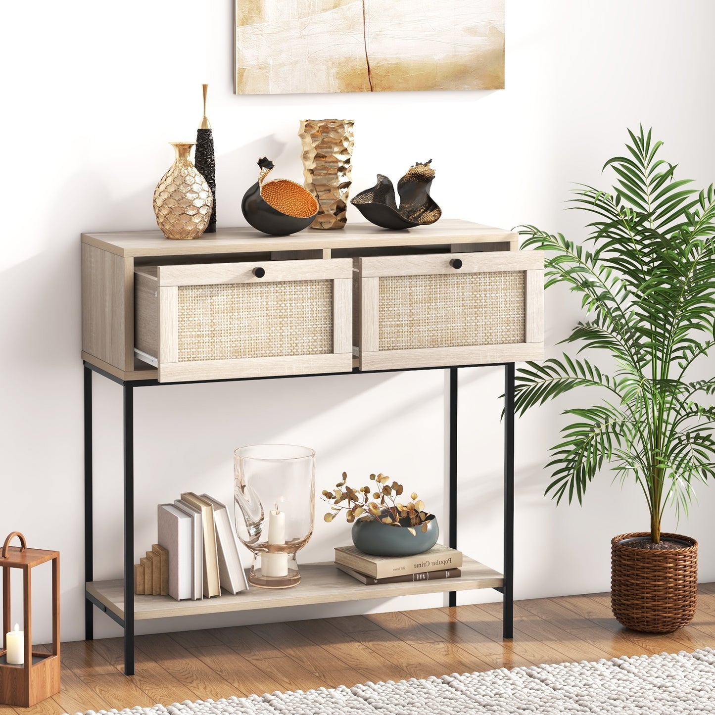 Rattan Console Table Boho Entryway Table with 2 Drawers and Open Storage Shelf-Oak