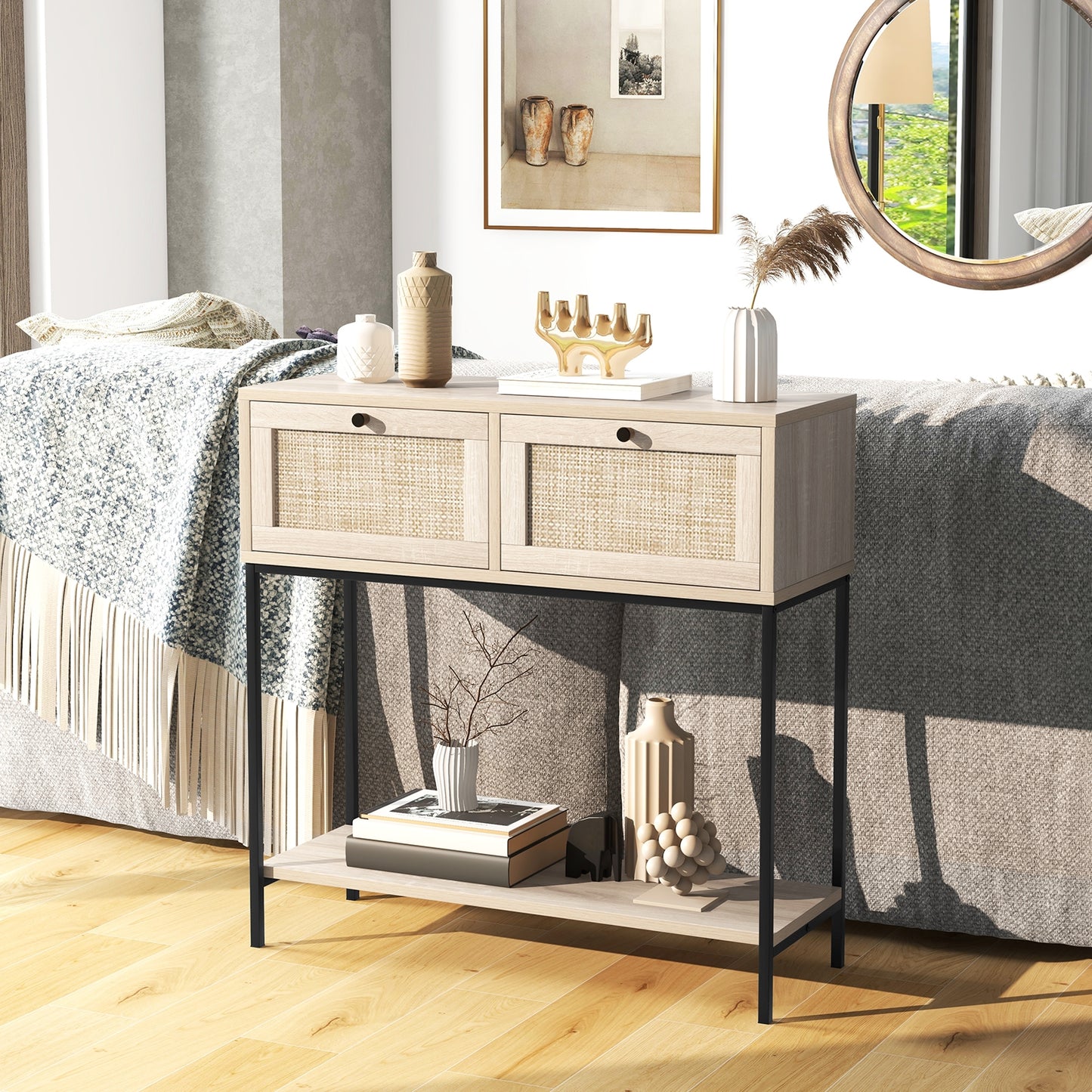 Rattan Console Table Boho Entryway Table with 2 Drawers and Open Storage Shelf-Oak