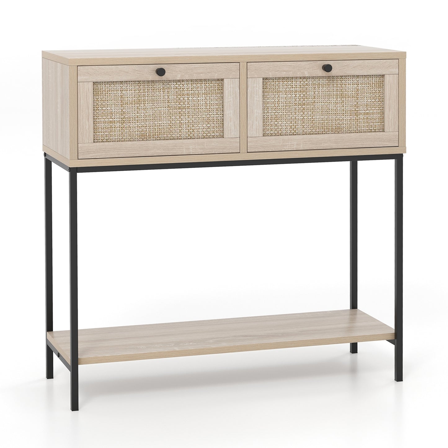 Rattan Console Table Boho Entryway Table with 2 Drawers and Open Storage Shelf-Oak