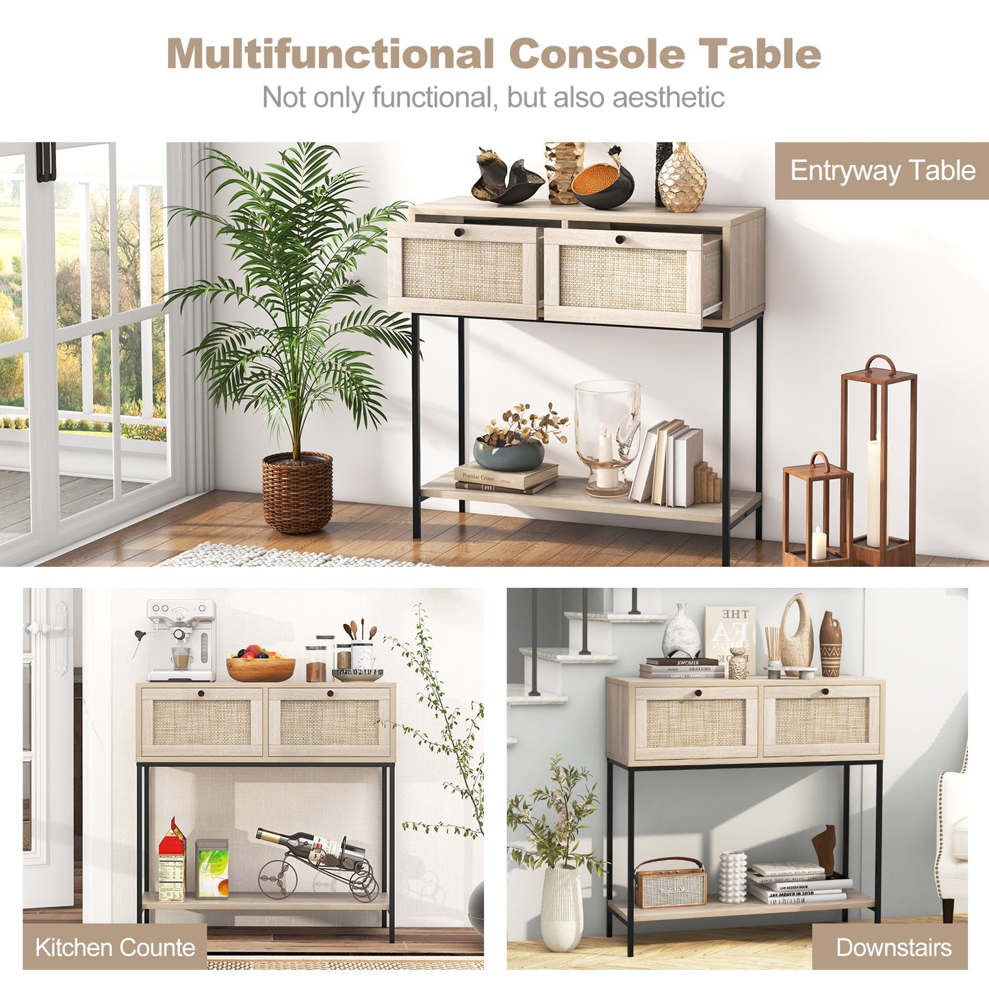 Rattan Console Table Boho Entryway Table with 2 Drawers and Open Storage Shelf-Oak