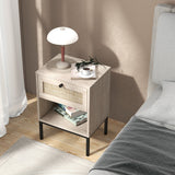 Set of 2 - Rattan Nightstand Boho End Table with Rattan Drawer & Open Shelf-Oak (Fully Assembled)