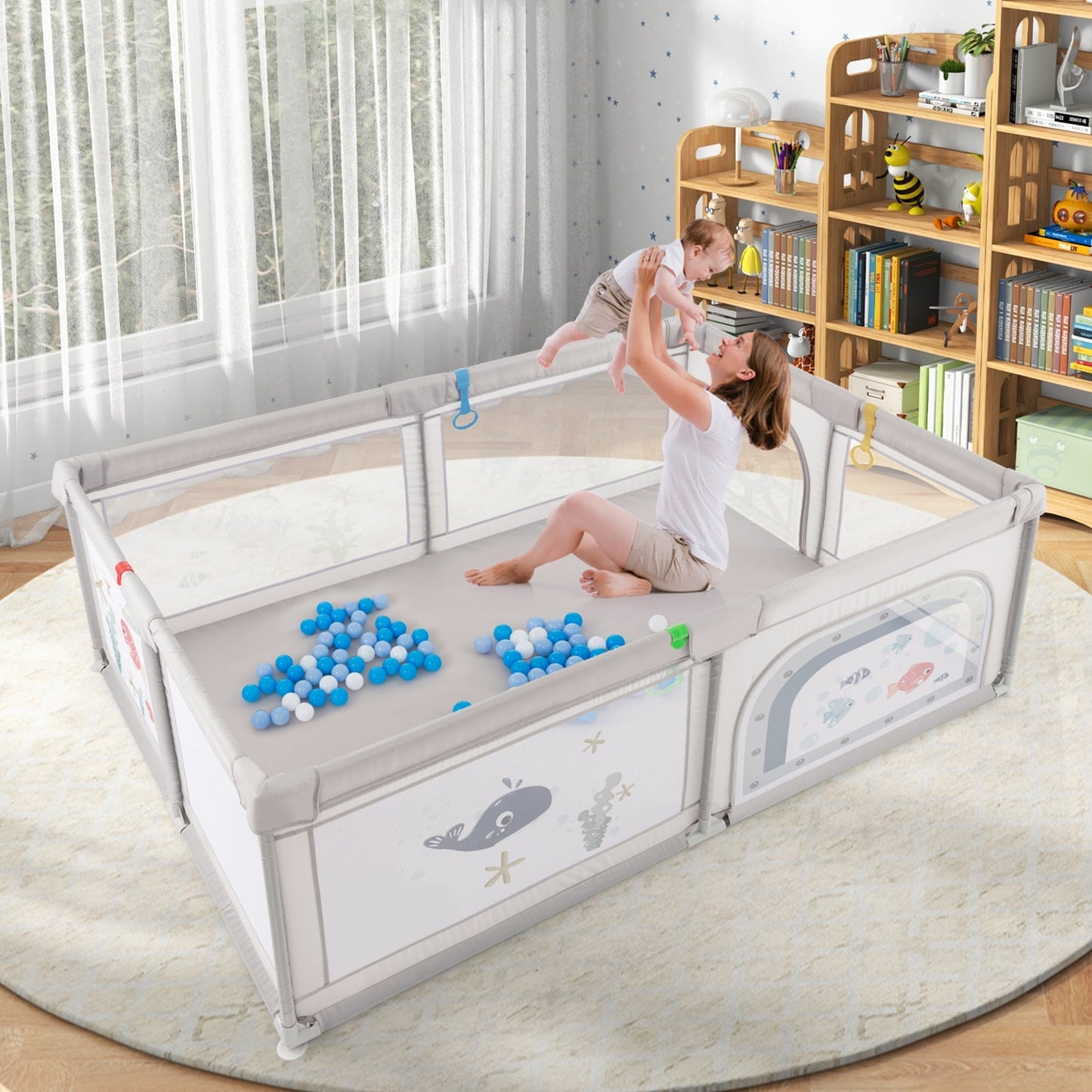 Large Baby Playpen with Pull Rings Ocean Balls and Cute Pattern-Whale - Unassembled