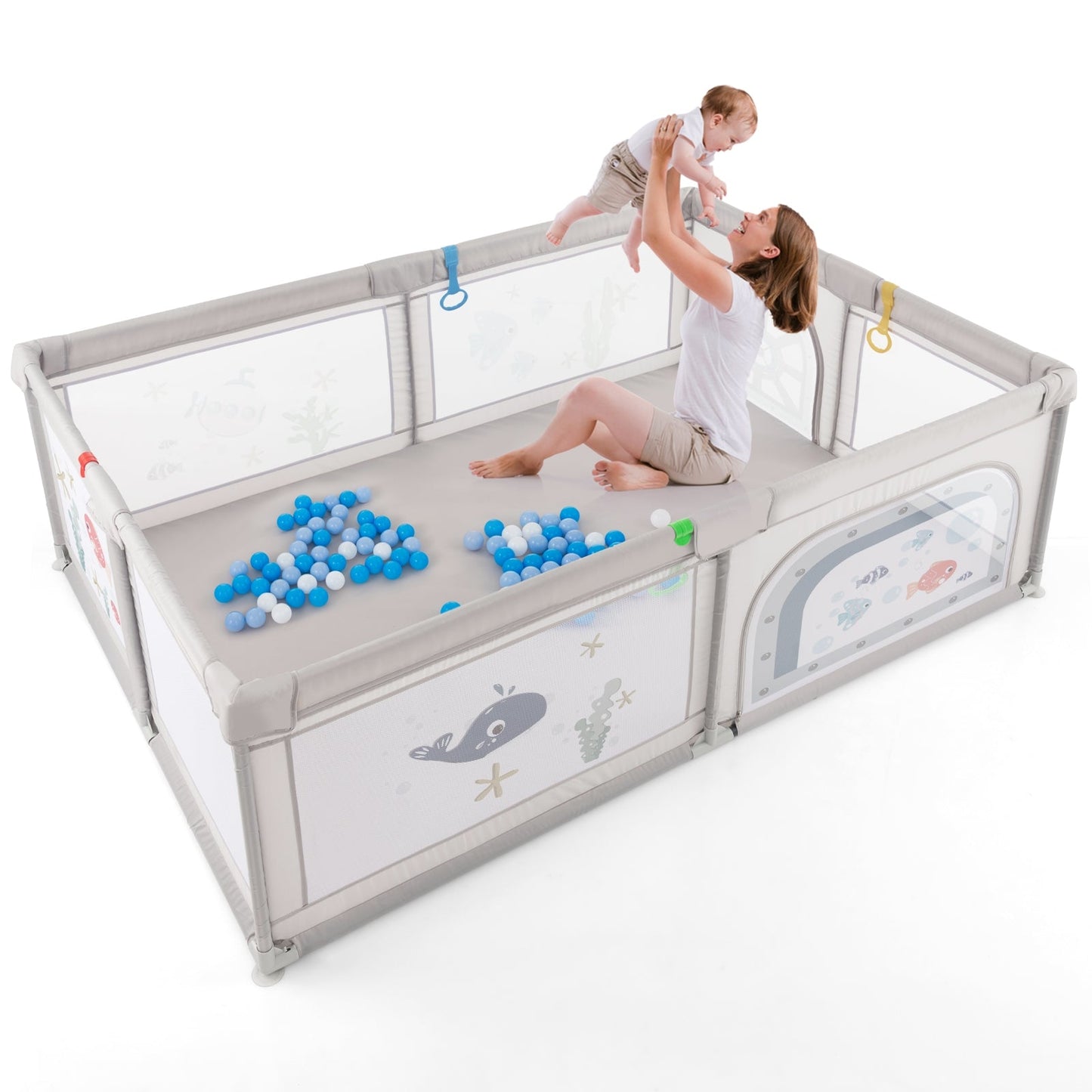 Large Baby Playpen with Pull Rings Ocean Balls and Cute Pattern-Whale - Unassembled