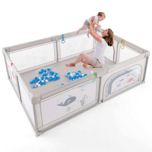 Large Baby Playpen with Pull Rings Ocean Balls and Cute Pattern-Whale - Unassembled