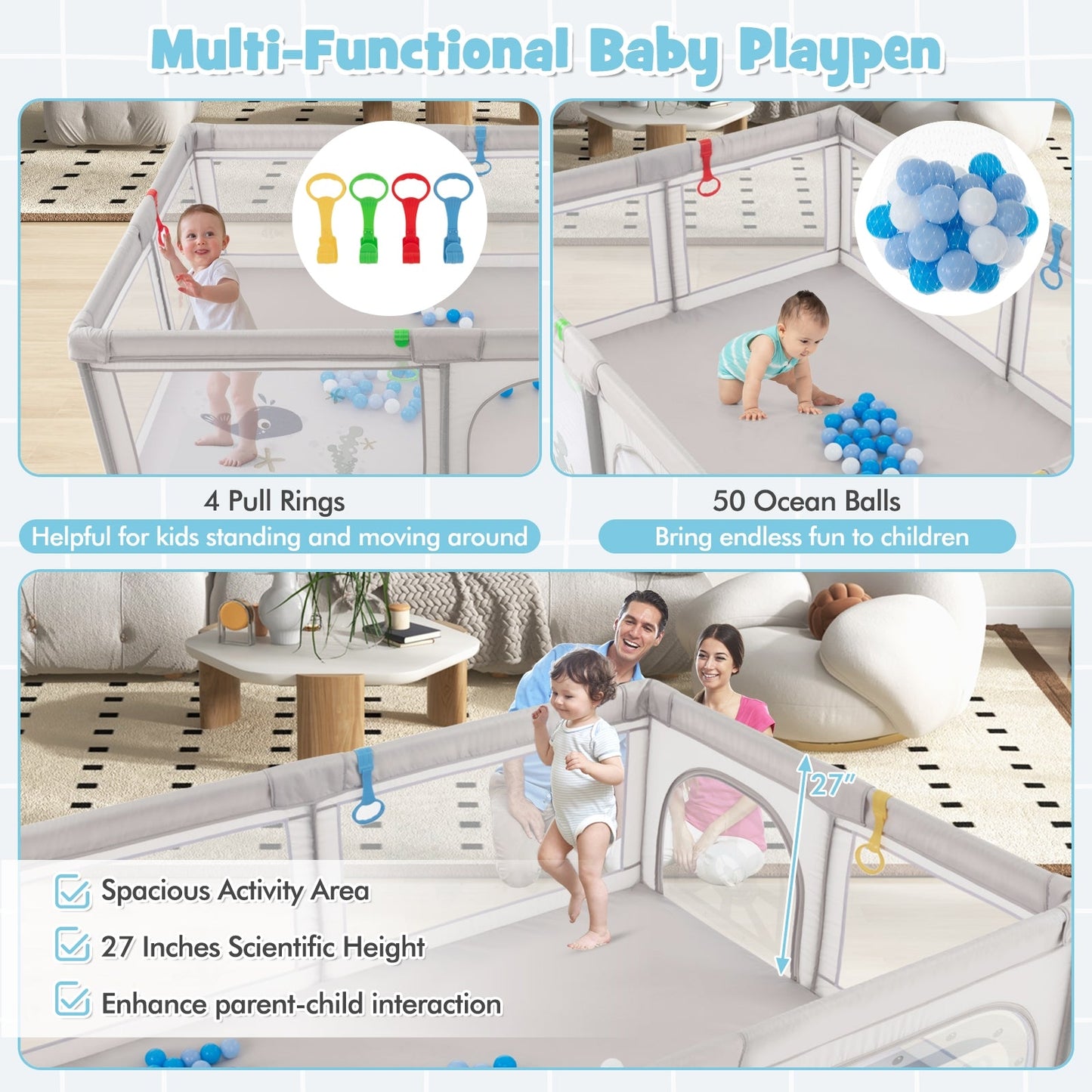 Large Baby Playpen with Pull Rings Ocean Balls and Cute Pattern-Whale - Unassembled