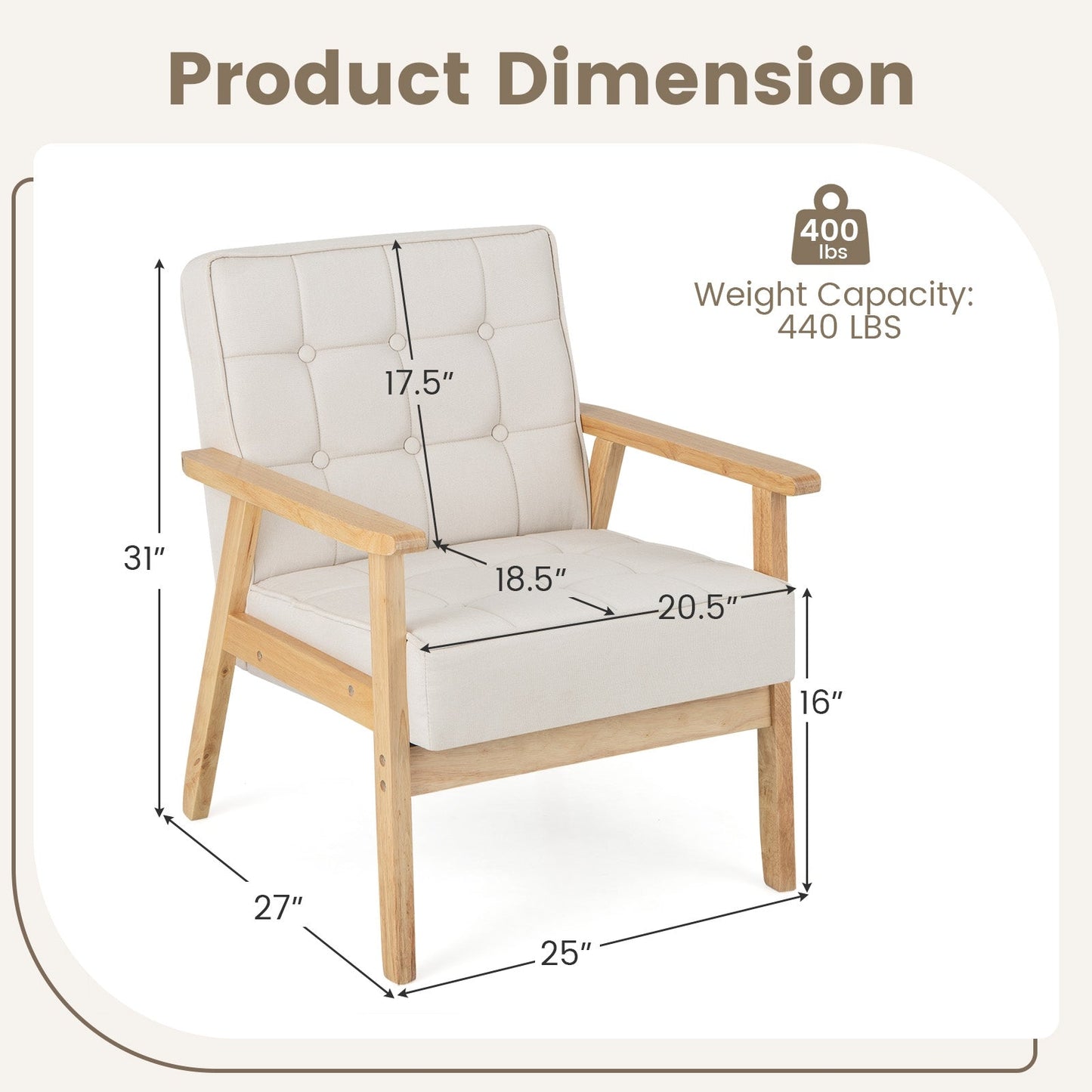 Upholstered Armchair with Rubber Wood Armrests-Beige, Assembled