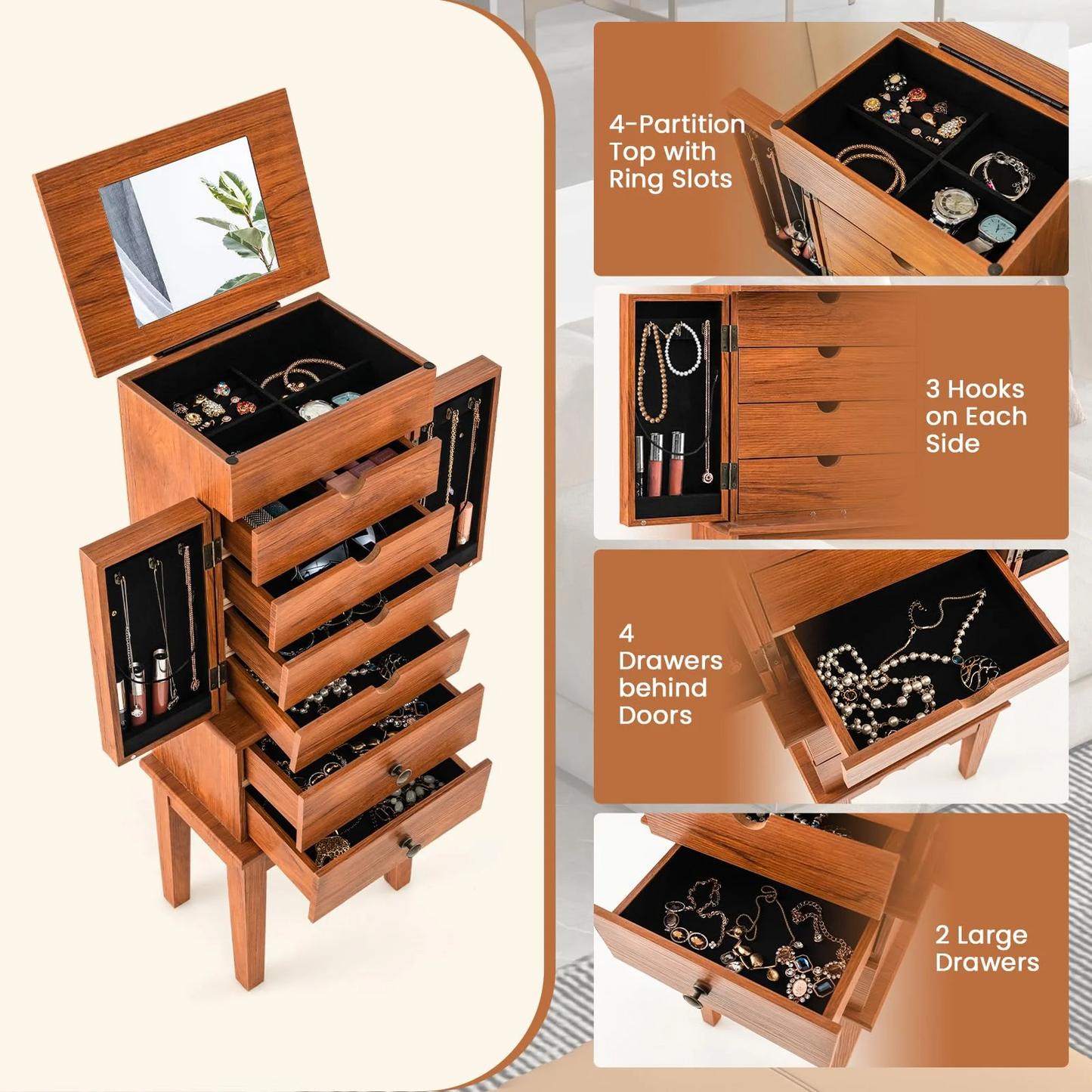 Standing 35``Tall Jewelry Armoire with Flip Top Mirror, 2 Side Doors with 6 Necklace Hooks, Scratch & Dent
