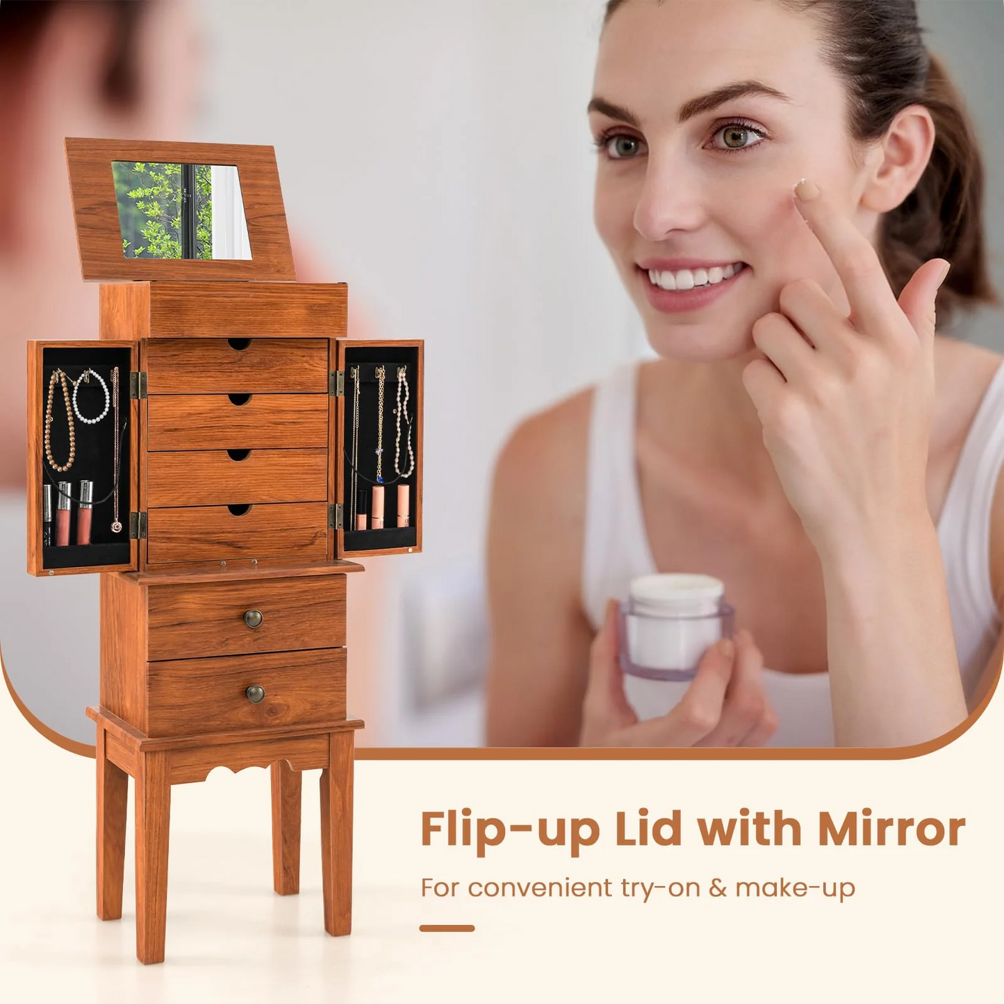 Standing 35``Tall Jewelry Armoire with Flip Top Mirror, 2 Side Doors with 6 Necklace Hooks, Scratch & Dent