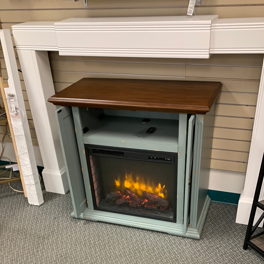 Rustic Farmhouse Fireplace& Console,doors close,small scratch seafoam green