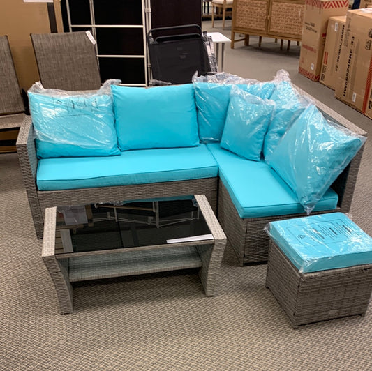 small loveseat sectional with ottoman and coffee table, fully assembled