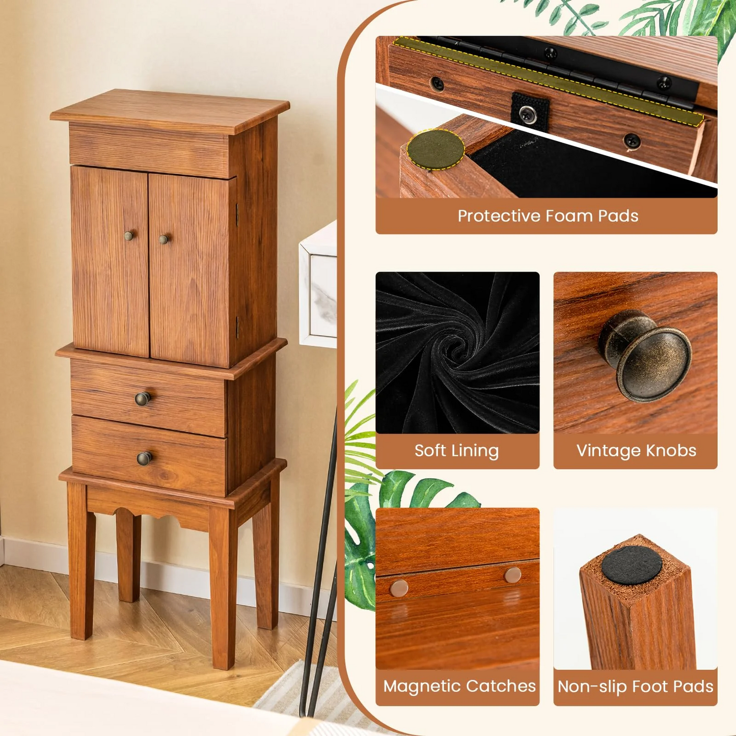 Standing 35``Tall Jewelry Armoire with Flip Top Mirror, 2 Side Doors with 6 Necklace Hooks, Scratch & Dent