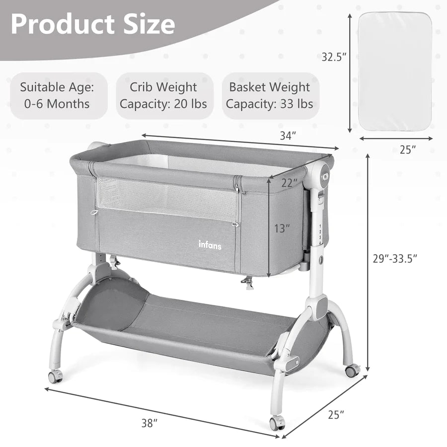 INFANS 3 in 1 Baby Bassinet, Folding Bedside Sleeper Crib with Mattress Pad, Height Angle Adjustable