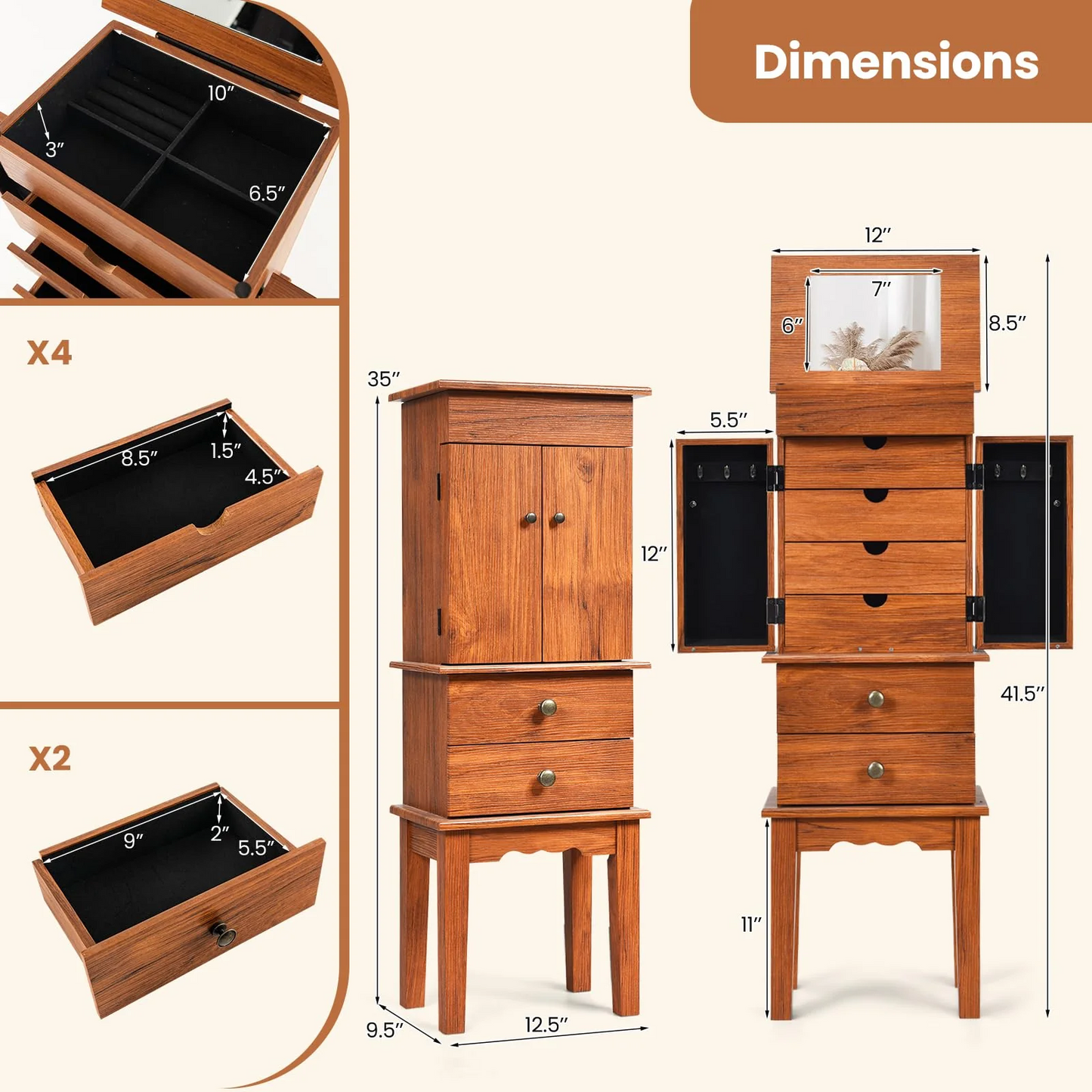 Standing 35``Tall Jewelry Armoire with Flip Top Mirror, 2 Side Doors with 6 Necklace Hooks, Scratch & Dent