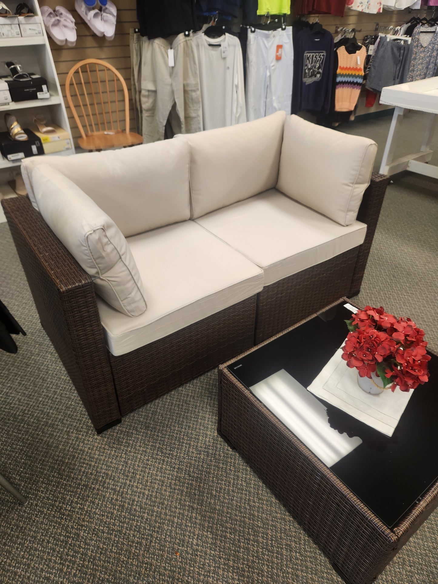 3 piece Rattan Wicker Couch, Coffee Table and Cover - Beige (Assembled)