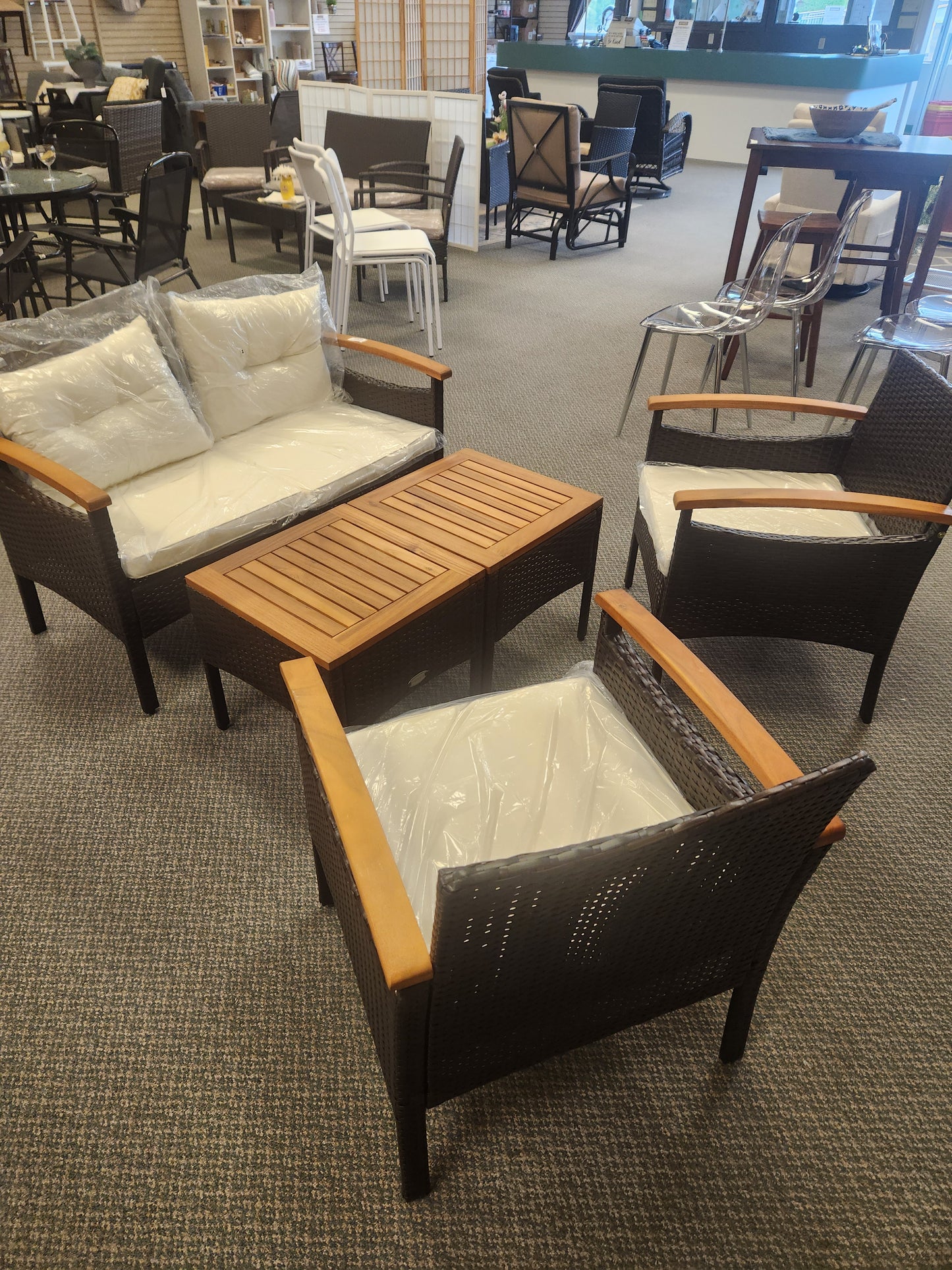 5 Piece Rattan Patio Sofa Set with Acacia Wood Tabletop and Armrests (Assembled) - See Notes