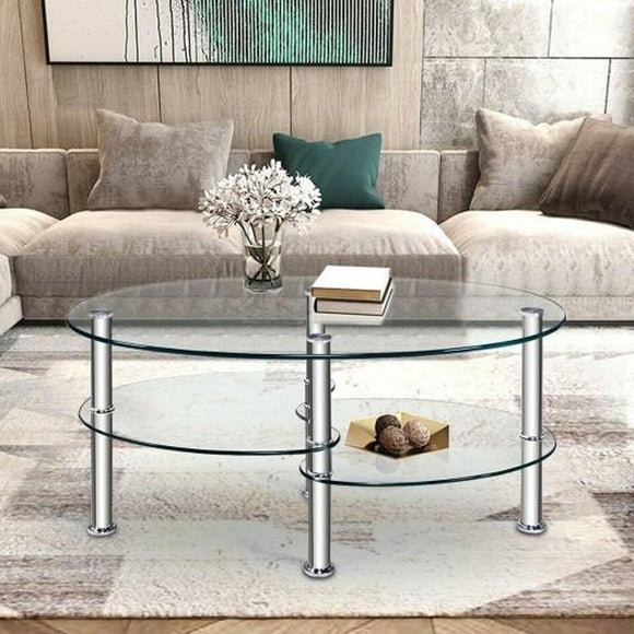 Tempered Glass Oval Side Coffee Table-Transparent , assembled