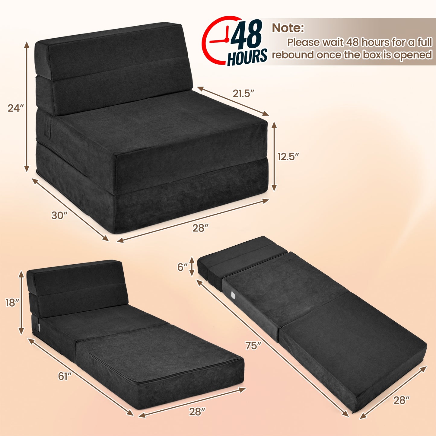 Tri-Fold Folding Chair Convertible Sleeper Bed-OURS IS GREY