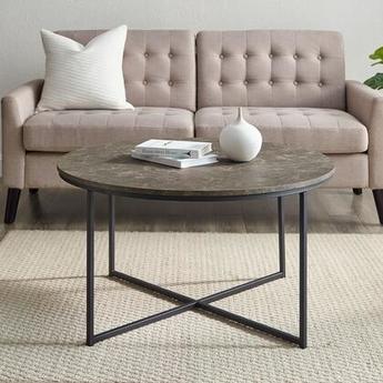 Walker Edison Cora Modern Round Faux Marble Top Coffee Table with X Base