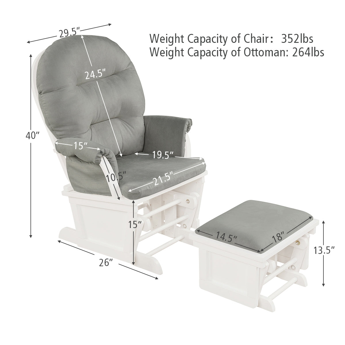 Wood Baby Glider and Ottoman Cushion Set with Padded Armrests for Nursing-Light Gray
