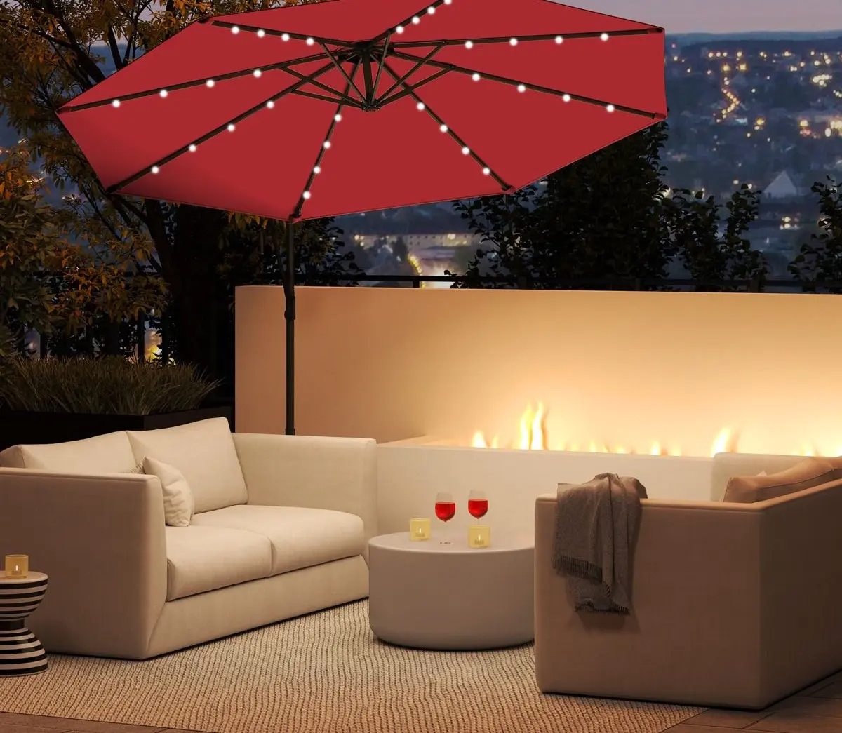 10 Feet Patio Offset Umbrella  plus 32 Solar-Powered LED Lights-Wine in color, assembled