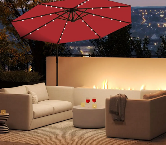 10 Feet Patio Offset Umbrella with sandbag plus 40 Solar-Powered LED Lights-Wine in color, assembled