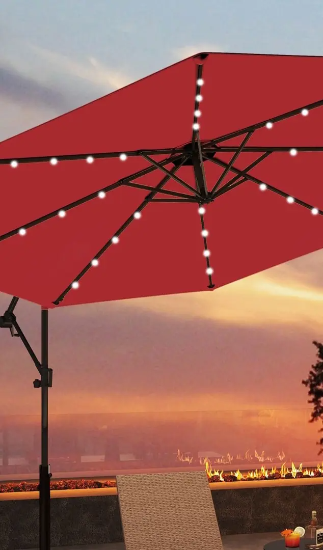 10 Feet Patio Offset Umbrella  plus 32 Solar-Powered LED Lights-Wine in color, assembled