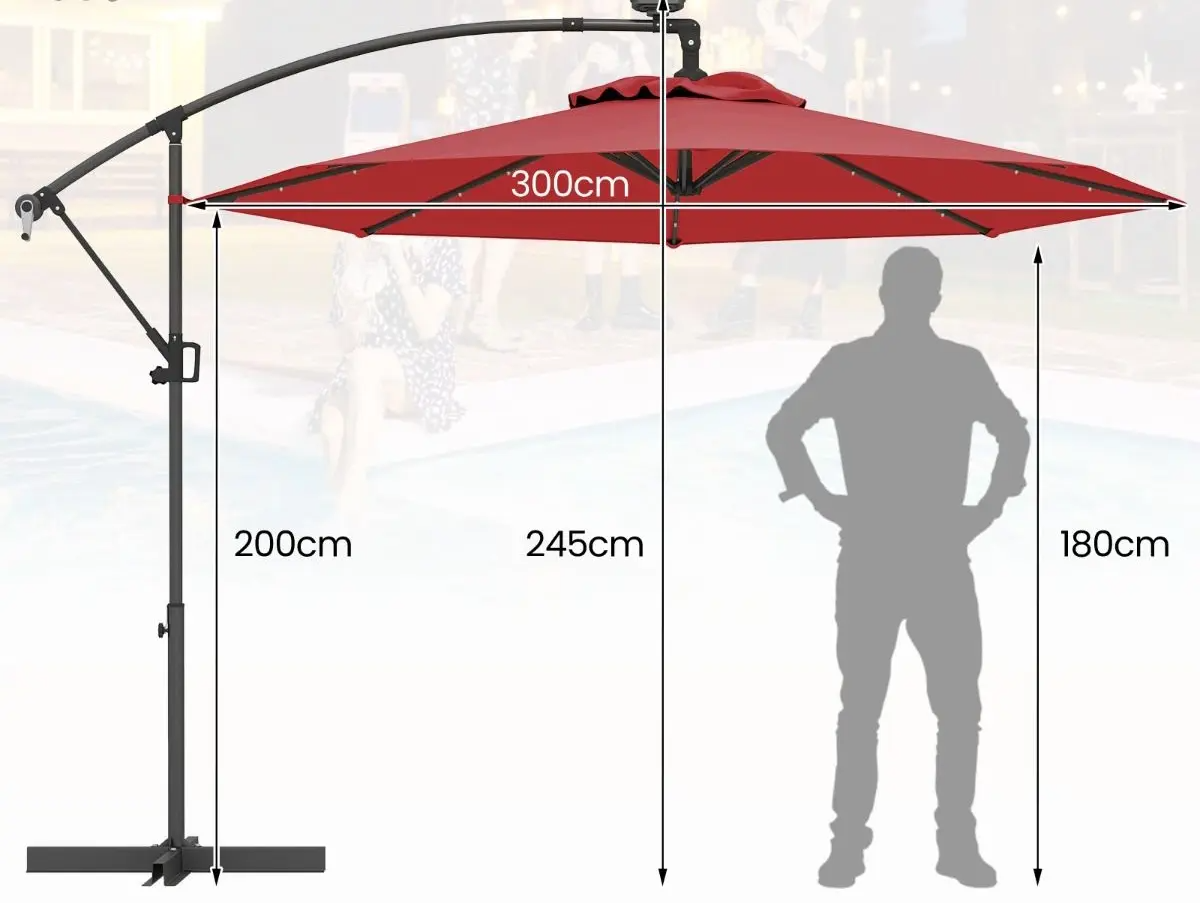 10 Feet Patio Offset Umbrella  plus 32 Solar-Powered LED Lights-Wine in color, assembled