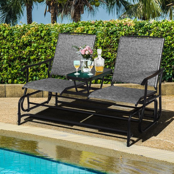 2 Person Outdoor Patio Double Glider Chair Loveseat Rocking w/Center Table Gray, Assembled