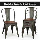 Set of 4 Tolix Style Metal Dining Side Chair Wood Seat Stackable Bistro Cafe