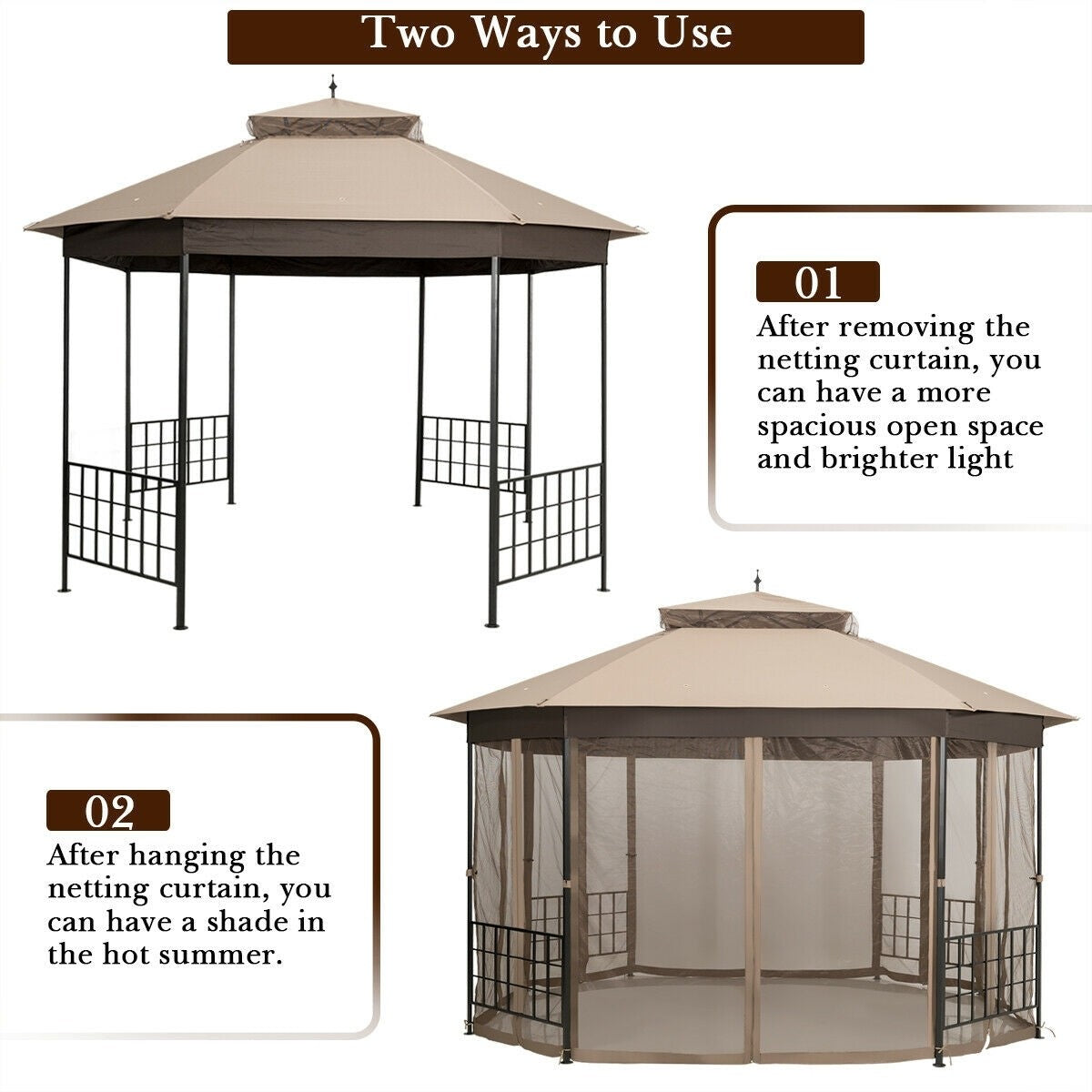 10’x 12’ Octagonal Patio Gazebo with Mosquito Net, 1 box unassembled