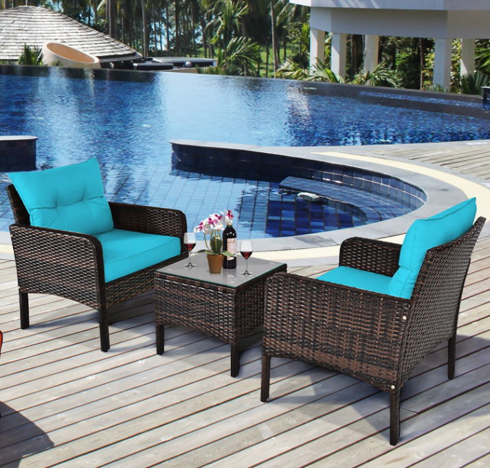 3PCS Outdoor Rattan Conversation Set *ASSEMBLED- TURQUOISE