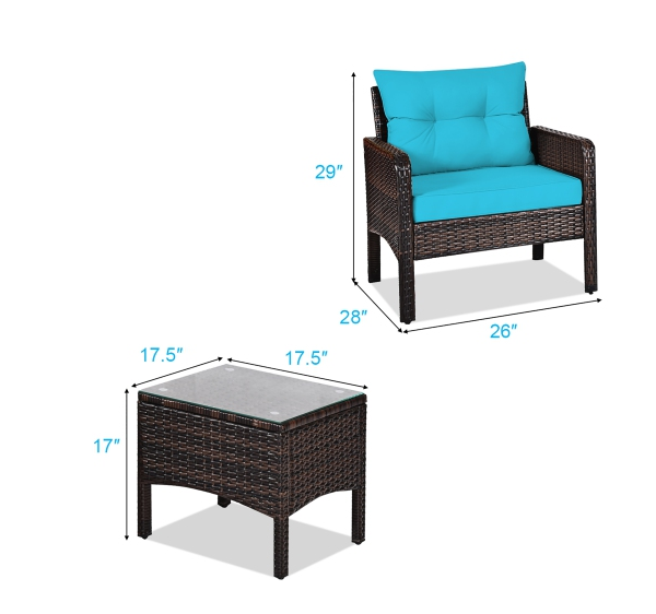 3PCS Outdoor Rattan Conversation Set *ASSEMBLED- TURQUOISE