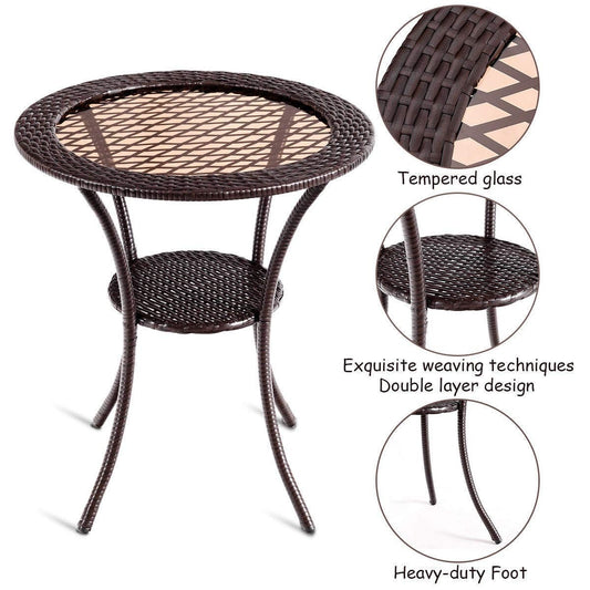 Round Rattan Wicker Coffee Table with Lower Shelf, assembled