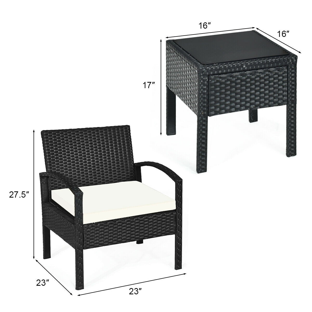 3 - Pieces Outdoor Rattan Patio Conversation Set with Seat Cushions. Unassembled