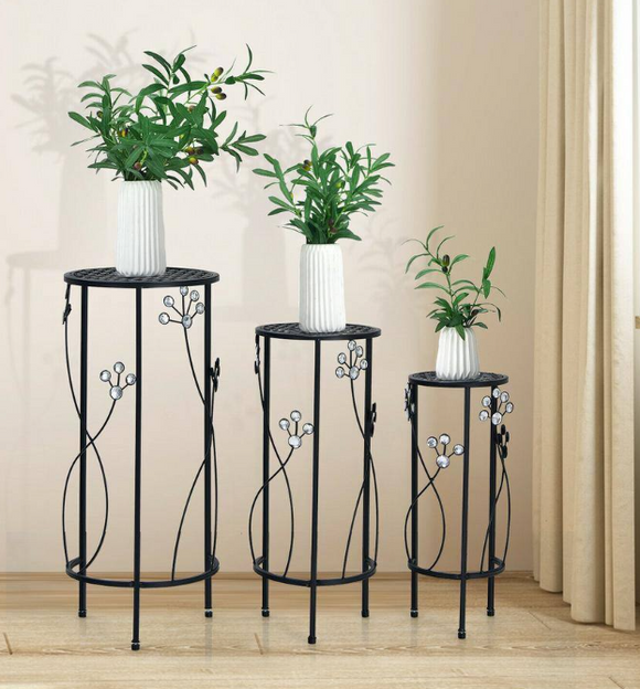 3-Pieces Indoor/Outdoor Black Steel Plant Stand Set - NP10276BK