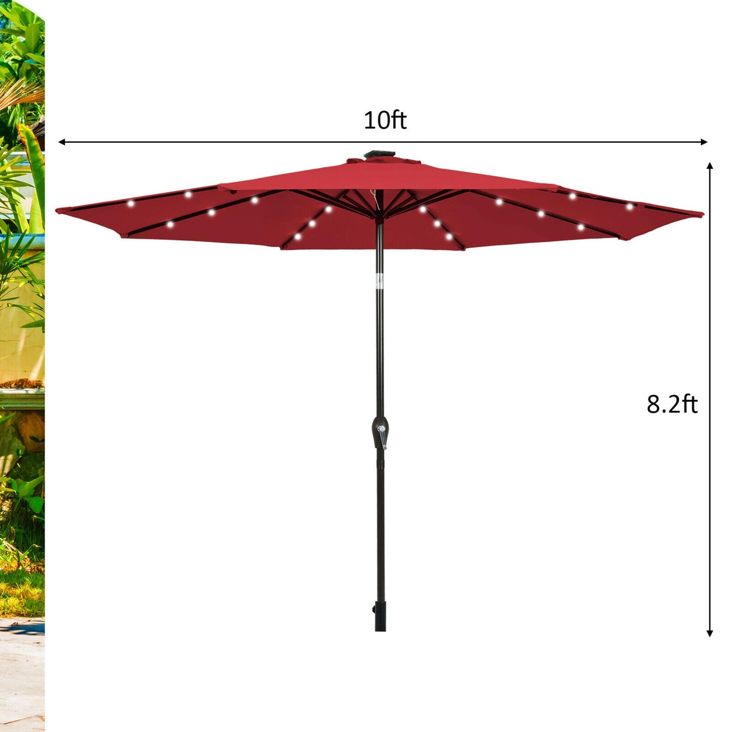 10' Solar LED Lighted Patio Market Umbrella Tilt Adjustment Crank Lift - Burgundy