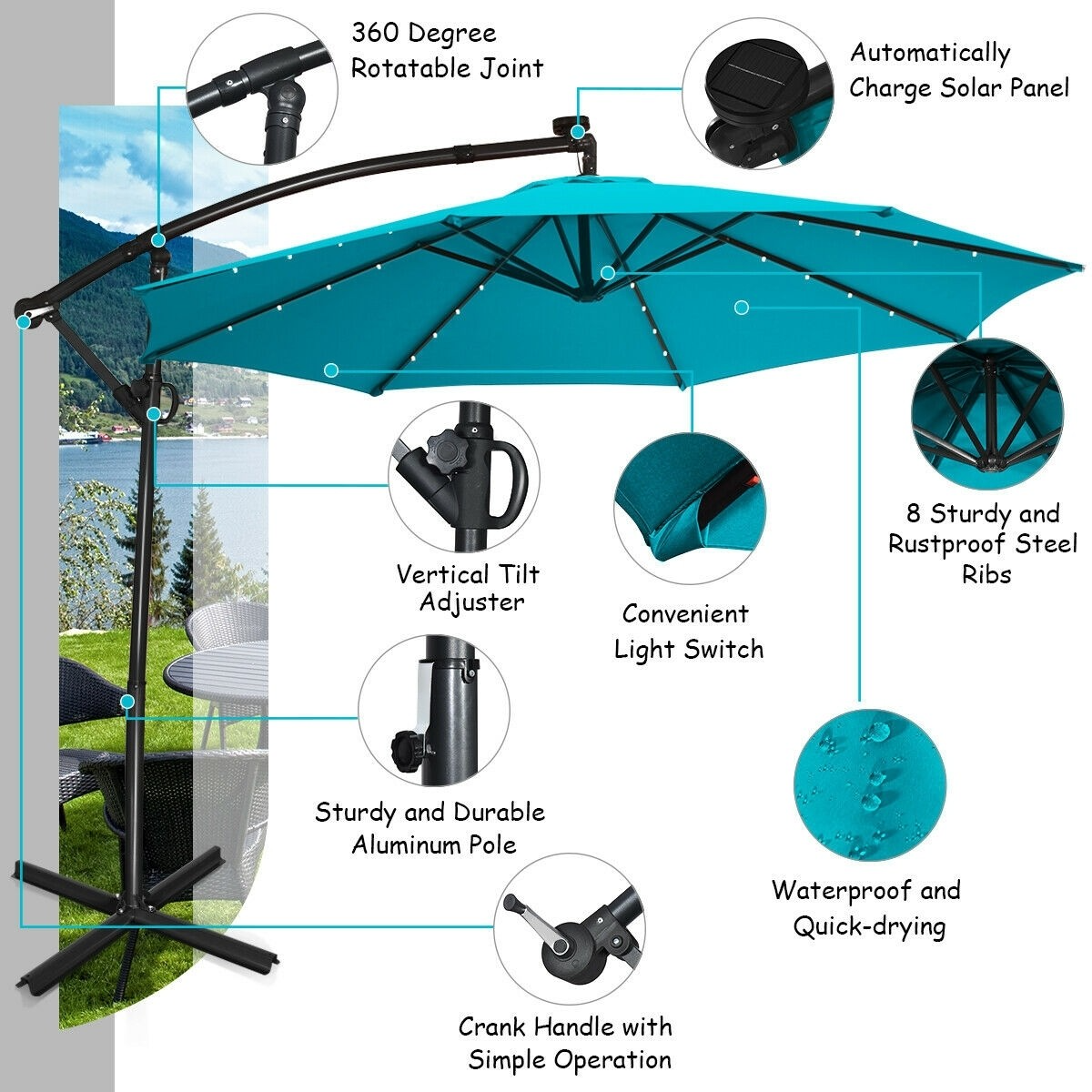 Cantilever Umbrella with solar lights, aqua blue, weight base not included