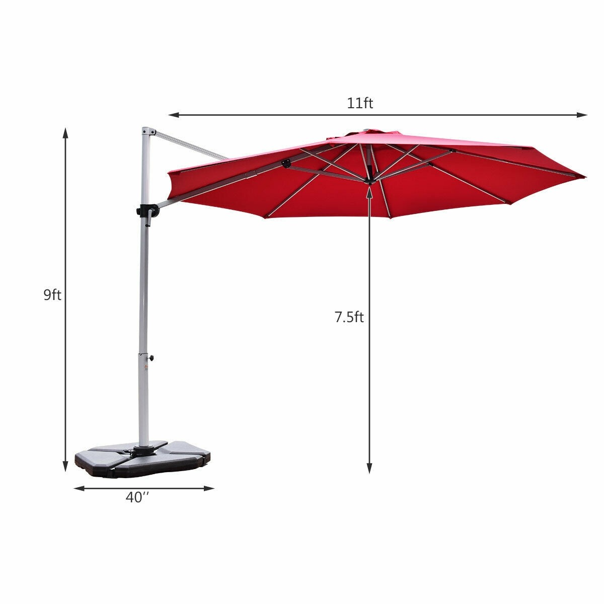 11' Patio Offset Cantilever Umbrella 360° Rotation Aluminum Tilt, base weights not included, in box unassembled