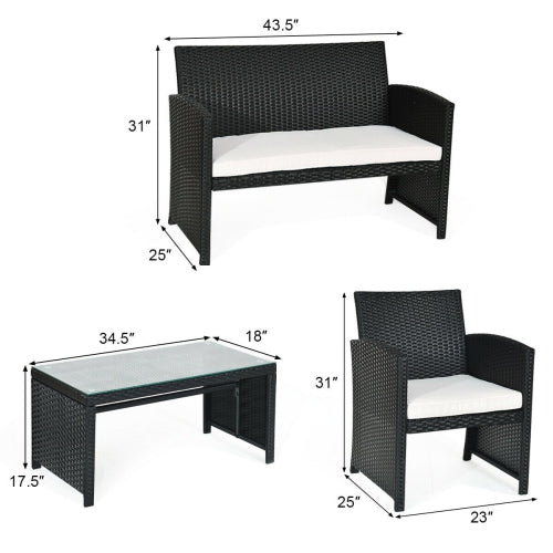 Modern 4-Piece Patio Garden Conversation Set Rattan Cushioned Sofa Table Furniture Black, white cushions, Unassembled - HW63239WH