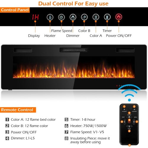 42'' Electric Fireplace Recessed Ultra Thin Wall Mounted Heater Multicolor Flame