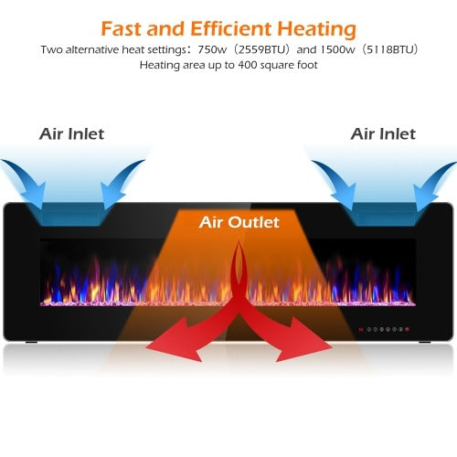 42'' Electric Fireplace Recessed Ultra Thin Wall Mounted Heater Multicolor Flame
