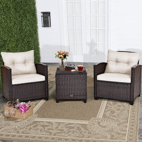 3PCS Patio Rattan Furniture Set Cushioned Conversation Set, In Box Unassembled