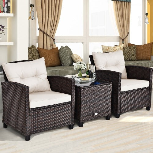 3PCS Patio Rattan Furniture Set Cushioned Conversation Set, In Box Unassembled