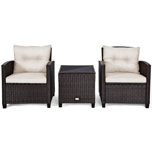 3PCS Patio Rattan Furniture Set Cushioned Conversation Set, In Box Unassembled