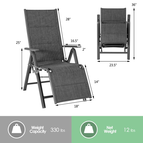 Outdoor Foldable Reclining Padded Chair Aluminum Frame Adjustable